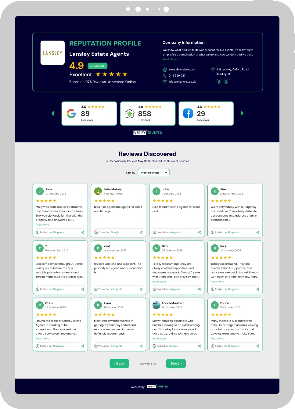 Example of a company reputation profile page